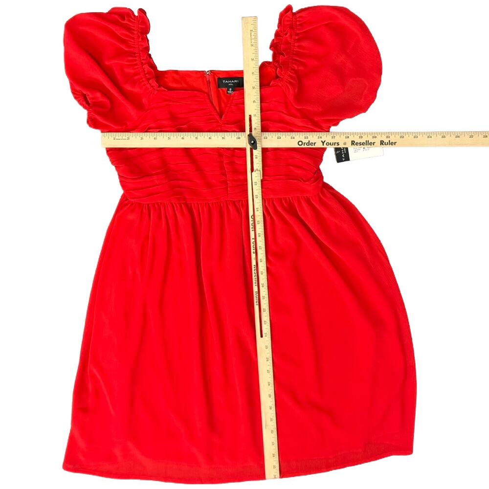 Tahari ASL Cherry Red Chiffon Short Puff Sleeve Notch Mini Dress size 8 NEW Tags - Picture 3 of 11
